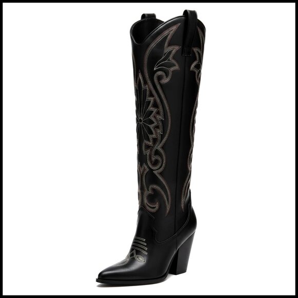 Knee High Cowboy Boots Embroidered Chunky Heel Western Retro Elegant